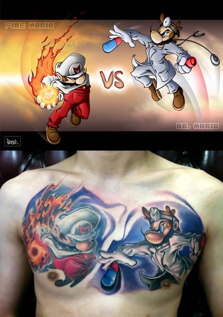 Brilliant Fire Mario Vs Dr Mario Tattoo By Pntink