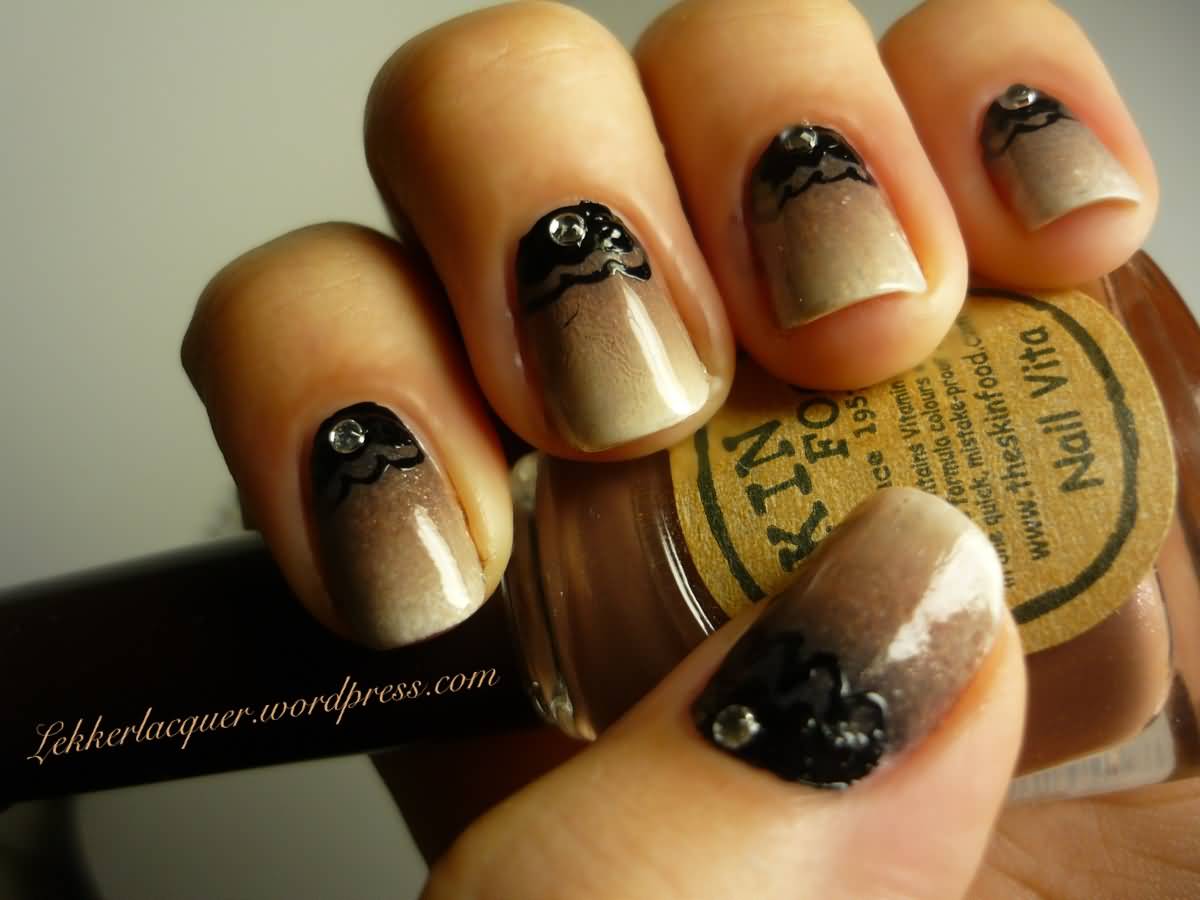 Brown And Beige Gradient Nail Art Black Lace Design