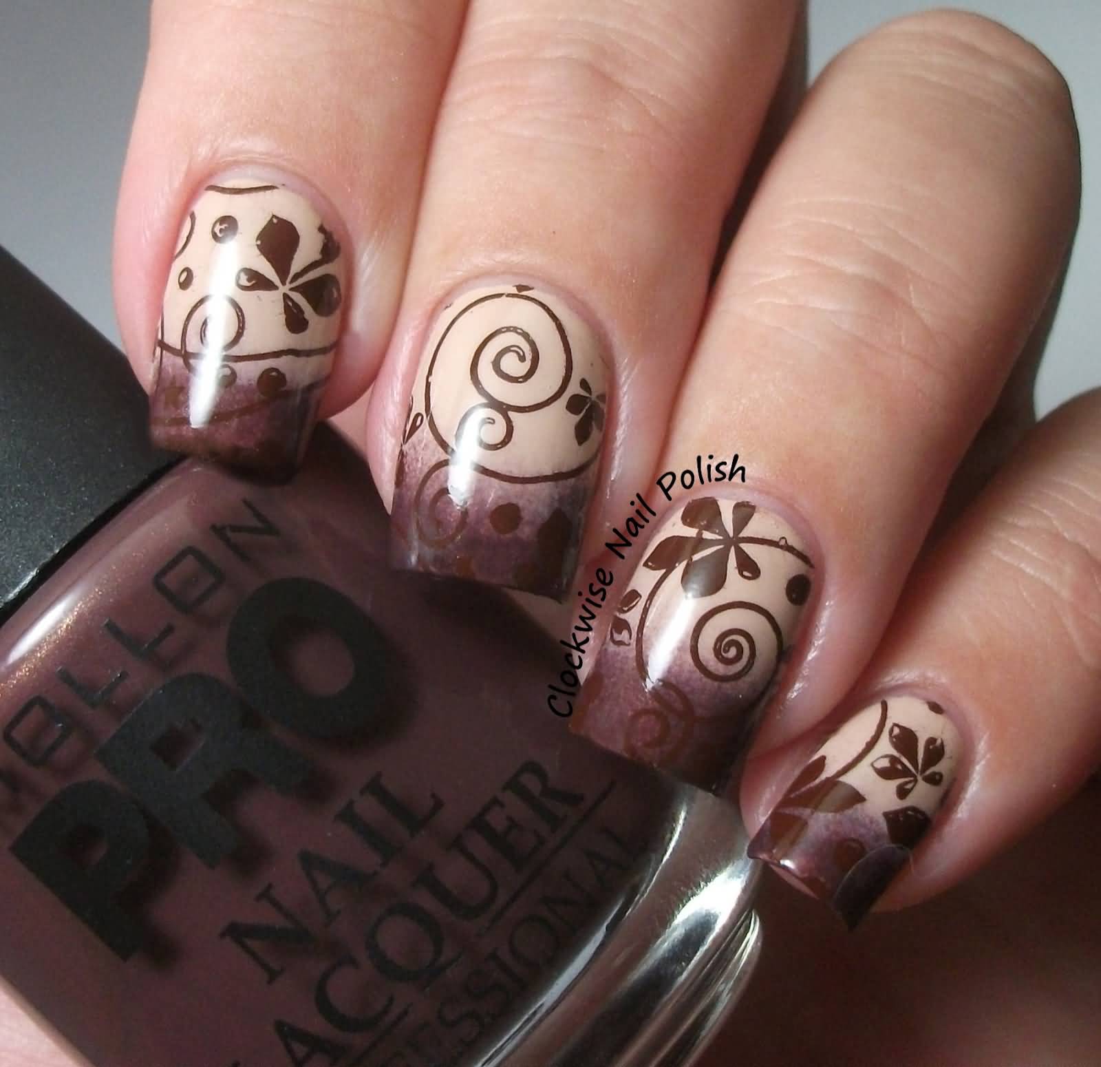 Brown And Beige Gradient With Flower Design Nail Art