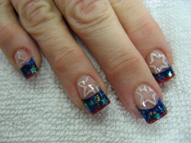 Brown And Blue Glitter Tip Design With Stars Nail Art
