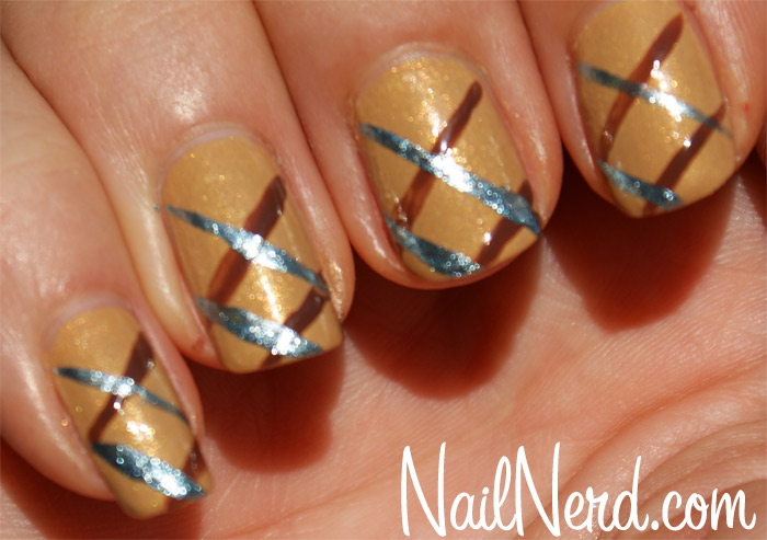 Brown And Blue Stripes Design Nail Art