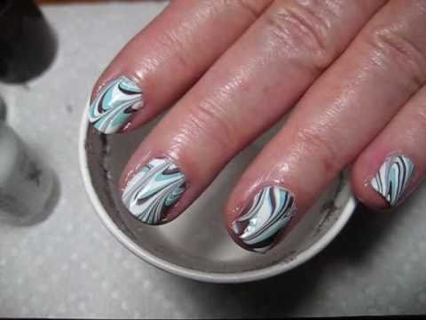 Brown And Blue Water Marble Design Nail Art