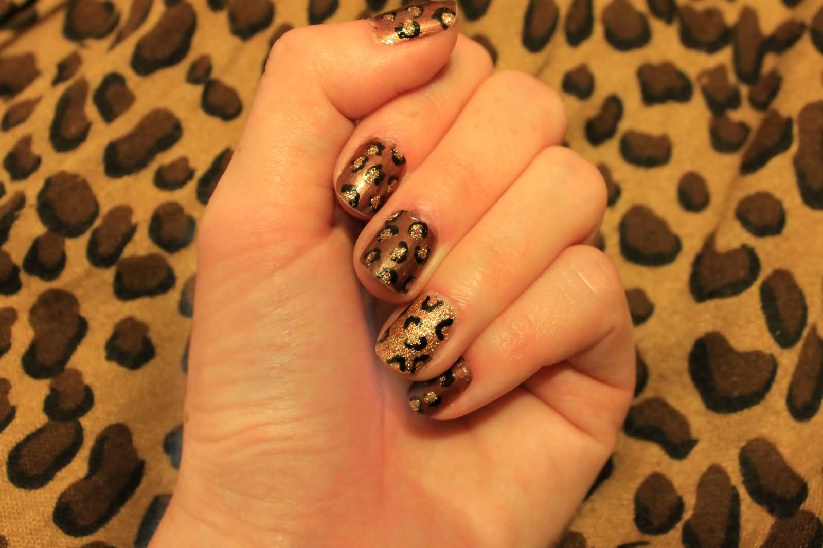 Brown And Gold Glitter Leopard Print Nail Art