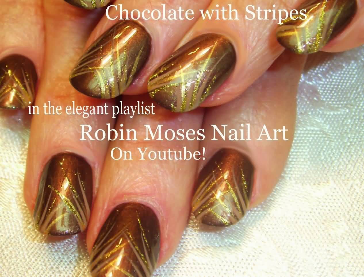 Brown And Golden Stripes Design Nail Art