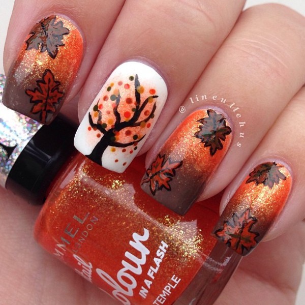 Brown And Orange Autumn Themed Nail Art