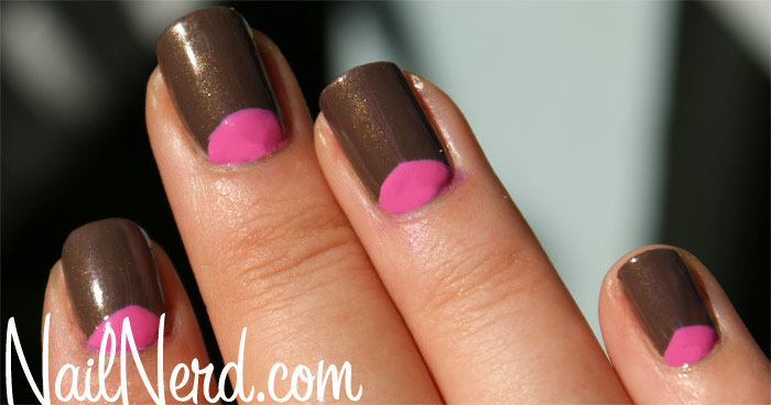Brown And Pink Half Moon Reverse French Tip Nail Art