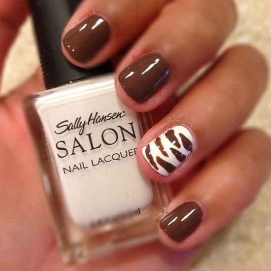 Brown And White Accent Animal Print Nail Art