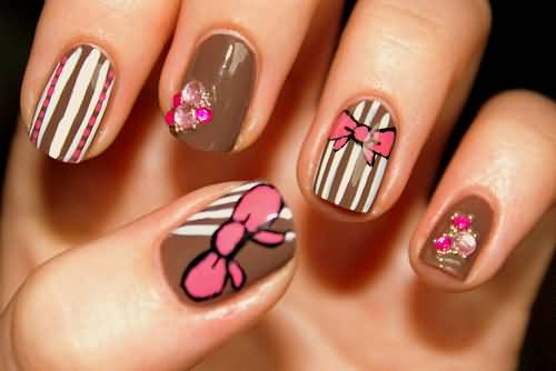 Brown And White Stripes Design With Pink Bows Nail Art Idea