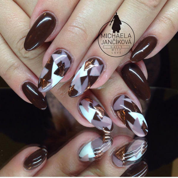 Brown And White Triangles Design Nail Art