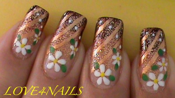 Brown Glitter Nail Art With White Daisy Flowers Nail Art