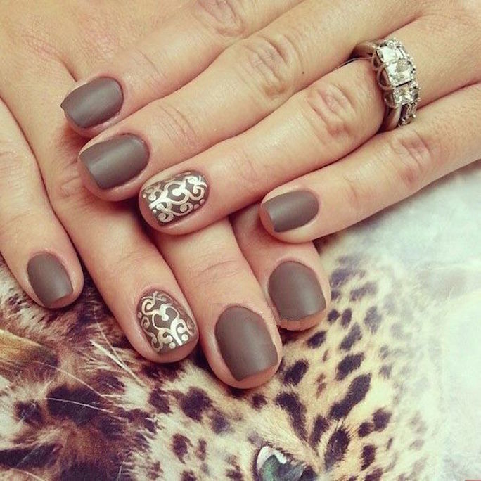 Brown Matte Nails With Golden Stamping Design Nail Art