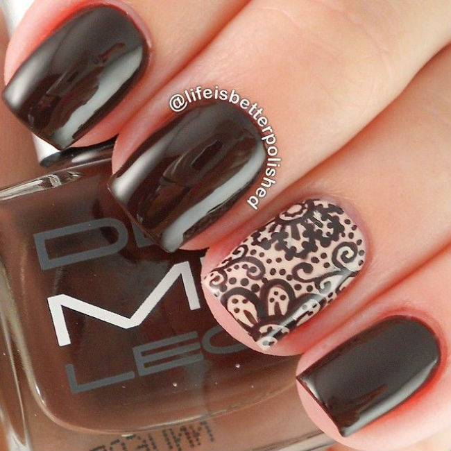 Brown Nails With Accent Flower Design Nail Art