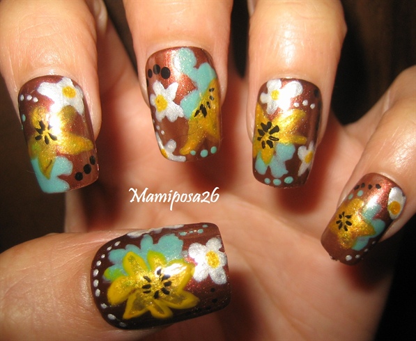 Brown Nails With Blue Yellow And White Flowers Nail Art Idea