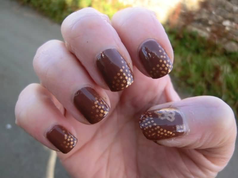 Brown Nails With Golden Dots Design Nail Art