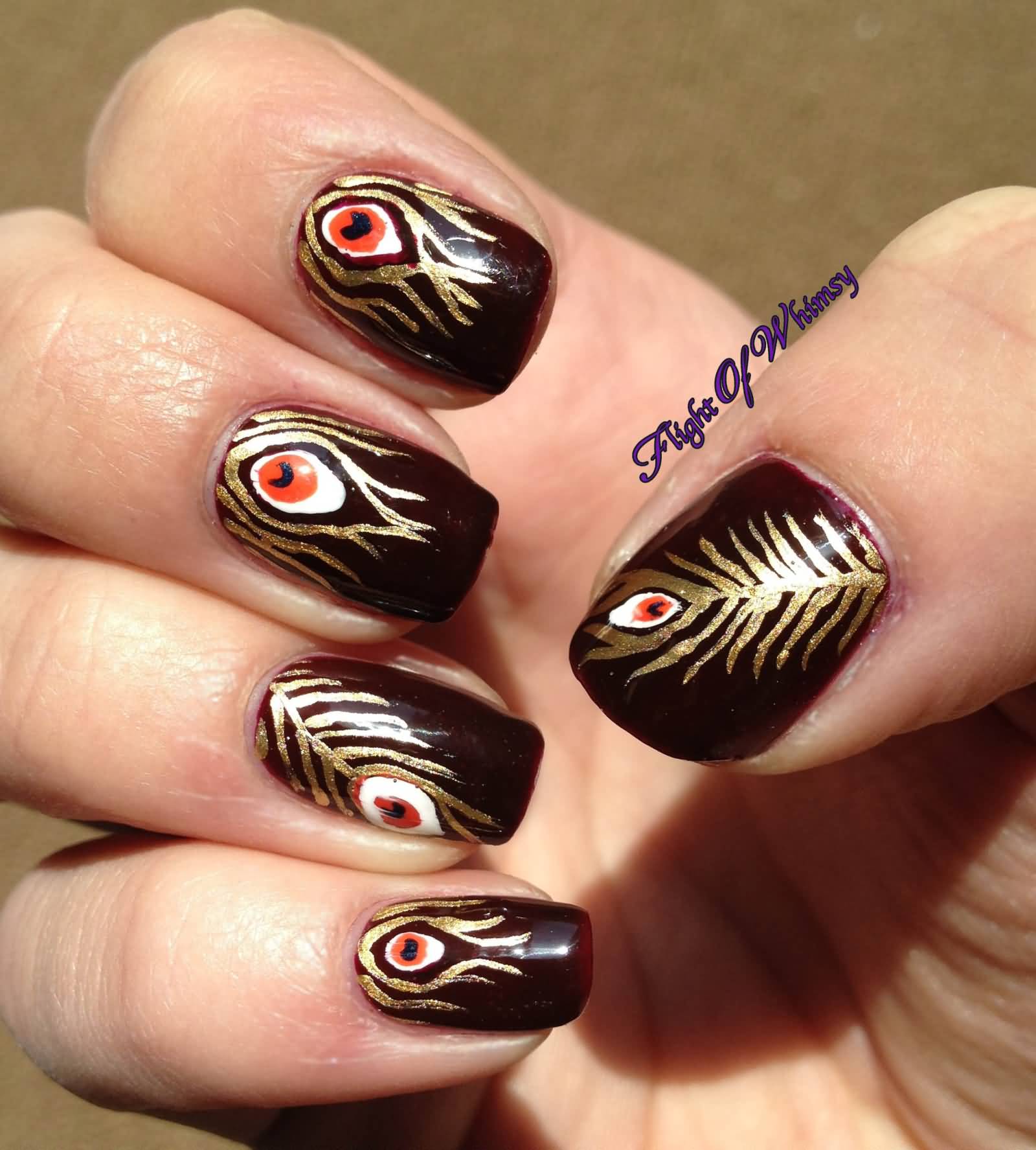 Brown Nails With Golden Feather Design Nail Art