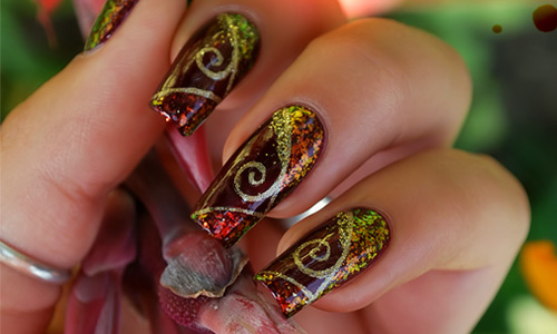 Brown Nails With Golden Swirl Design Nail Art