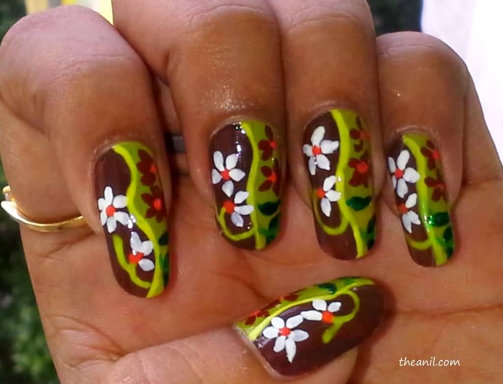 Brown Nails With Green Design With Red And White Flowers