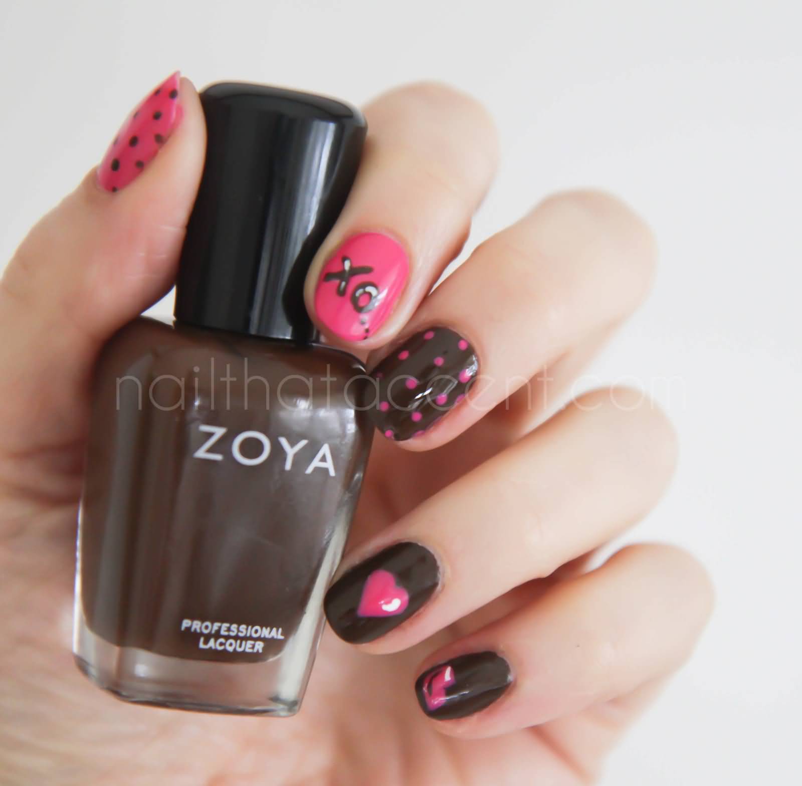 Brown Nails With Pink Heart And Dots Design Nail Art