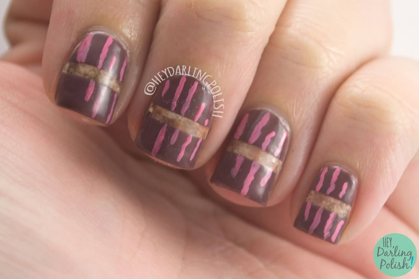 Brown Nails With Pink Stripes Design Nail Art