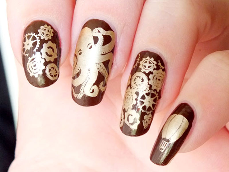 Brown Nails With Steampunk Golden Stamping Design Nail Art