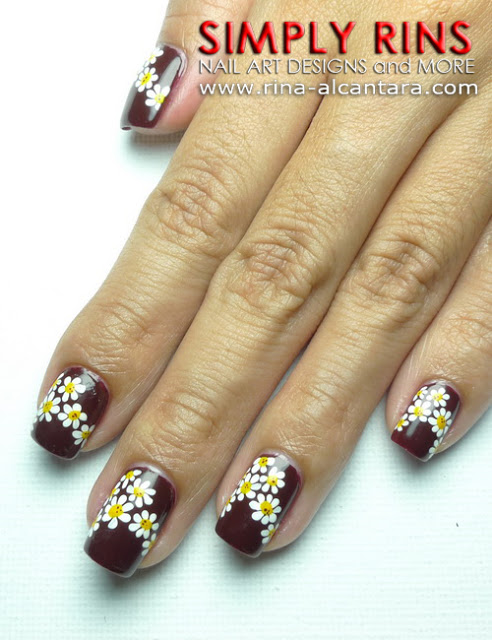 Brown Nails With White Daisy Flowers Nail Art
