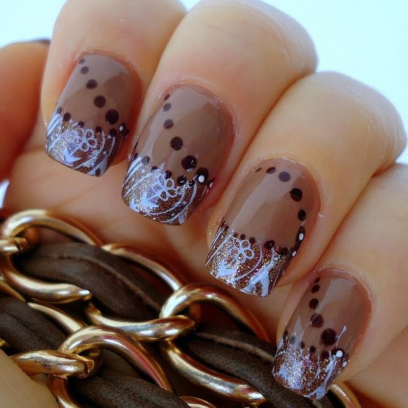 Brown Nails With White Floral Design Nail Art