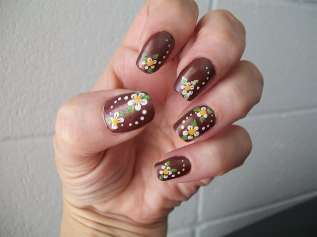 Brown Nails With White Flowers Nail Art