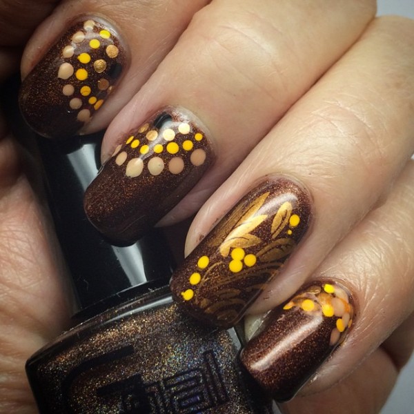 Brown Nails With Yellow Dots Design Nail Art Idea