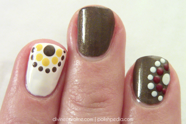 Brown Nails With Yellow White And Red Polka Dots Nail Art Idea