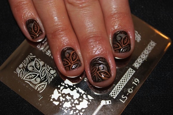 Brown Nails With Orange And Silver Flower Stamping Design Nail Art