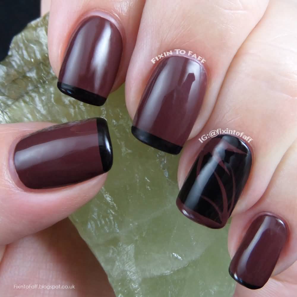 Brown Nails With Black Tip Design Nail Art