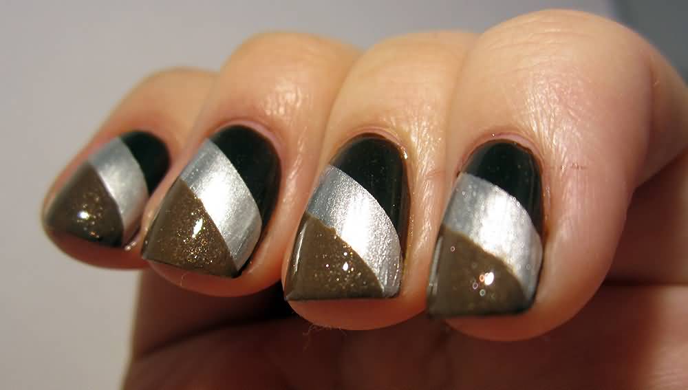 Brown Silver And Black Diagonal Stripes Design Nail Art