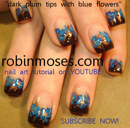 Brown Tip With Blue Floral Design Nail Art