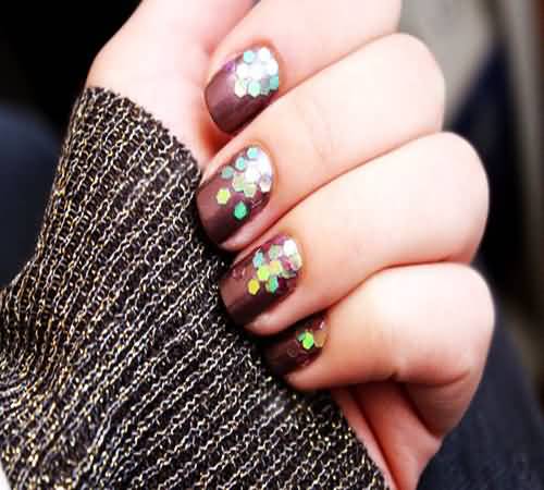 Brown With Glitter Dots Nail Art