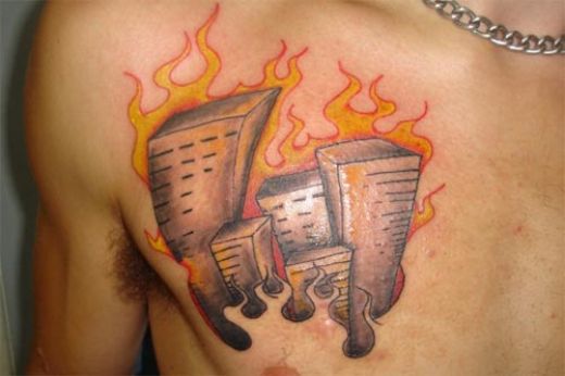 Building On Fire Flame Tattoo On Chest