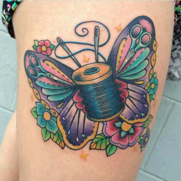 Butterfly Sewing Old School Tattoo For Girls