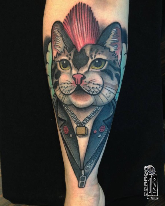 Cartoon Punk Cat Tattoo On Leg By Loxodrom
