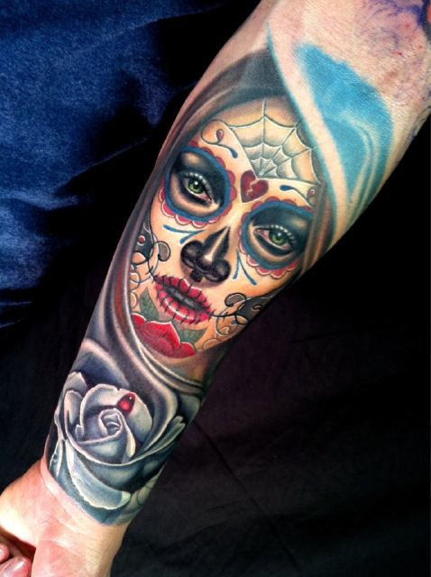 Catrina And Rose Flower Latino Tattoo On Forearm