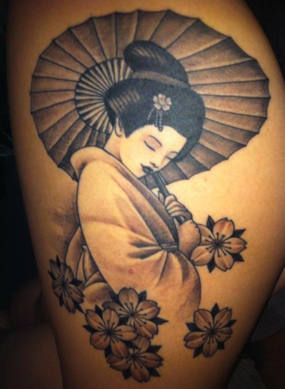 Chris Garver Japanese Geisha Tattoo On Side Leg