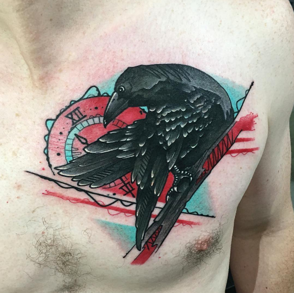 Clock And Crow Tattoo On Chest by Chad Lambert