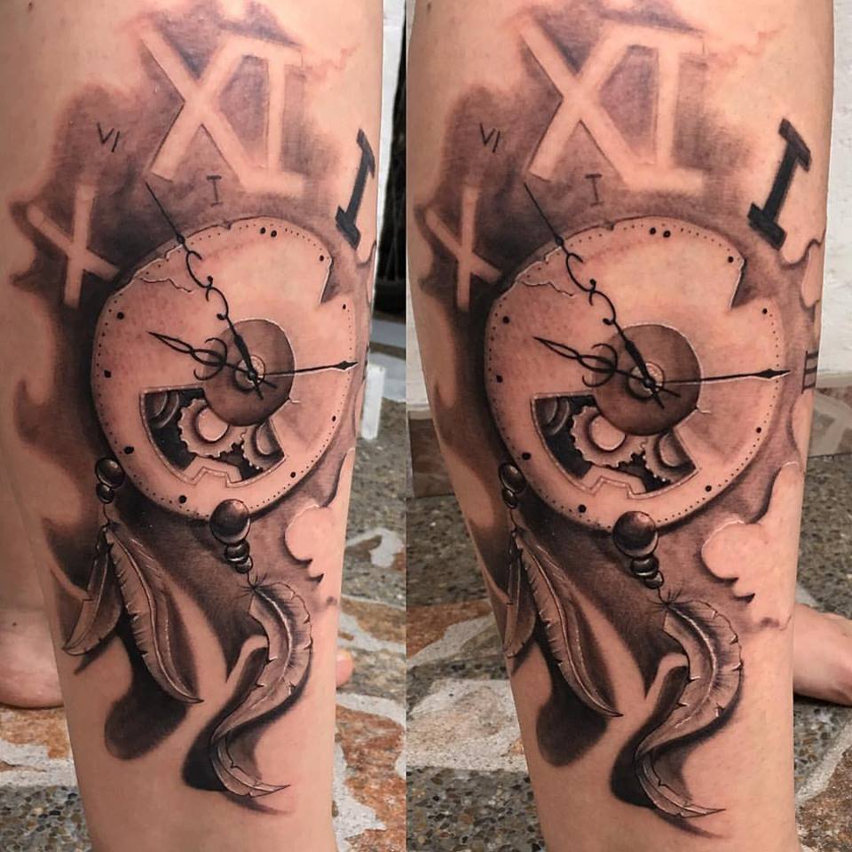 Clock Dreamcatcher Tattoo On Leg by Luis K Osorio