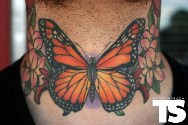 Color Flowers And Monarch Butterfly Tattoo On Neck