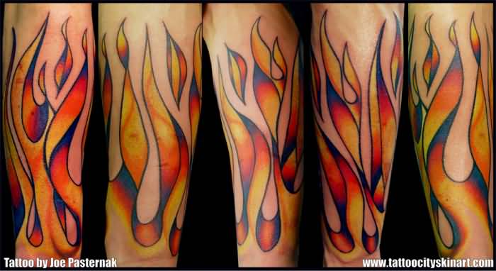 Colored Flames Tattoo On Arm Sleeve