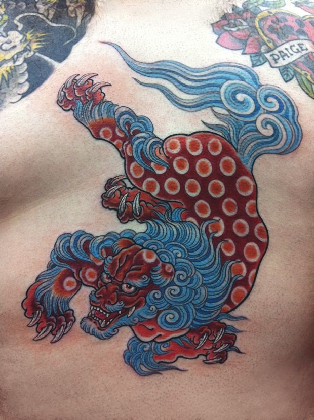 Colored Foo Dog Tattoo by Chris Garver