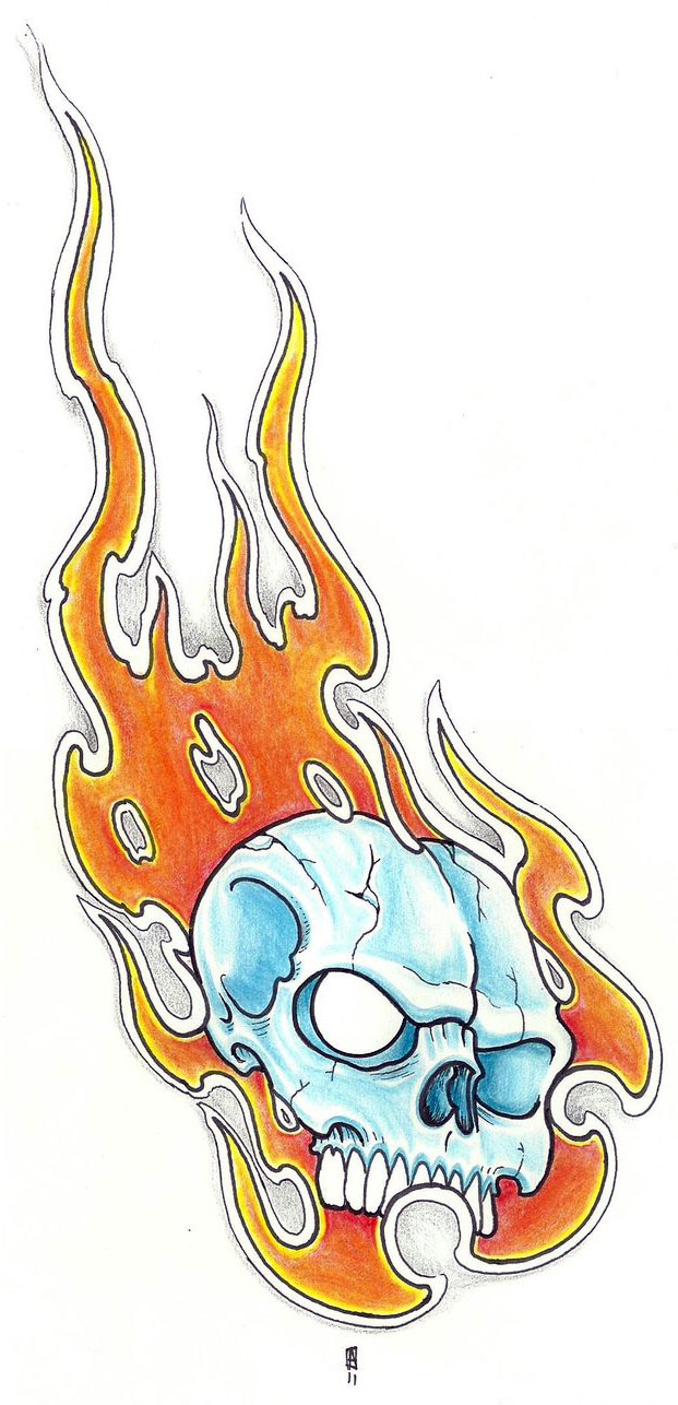 Colored Skull And Flame Tattoo Stencil