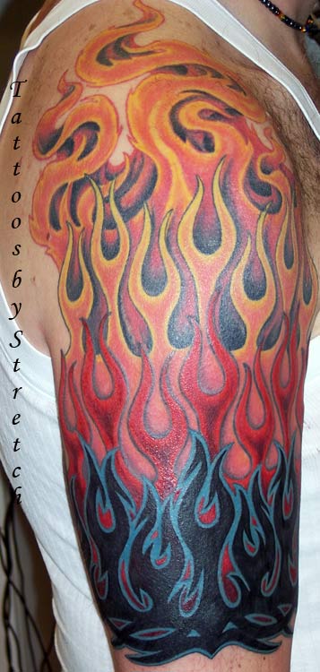 Colorful 3D Fire And Flame Tattoo On Man Half Sleeve