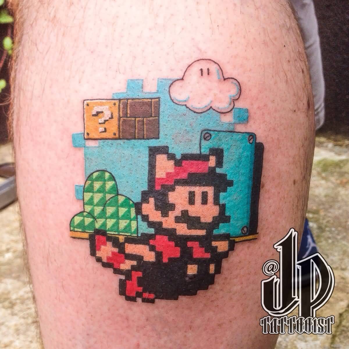 Colorful 8 Bit Mario Tattoo By John Parker
