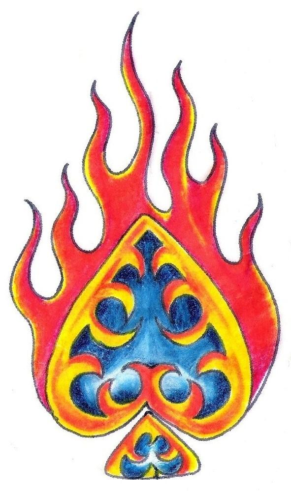 Colorful Ace Card Spades In Flame Tattoo Stencil