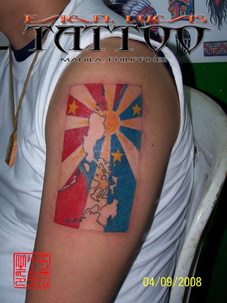 Colorful Filipino Flag Tattoo On Left Half Sleeve