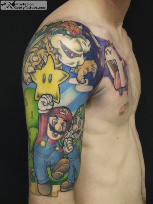 Colorful Super Mario Half Sleeve Tattoo For Men